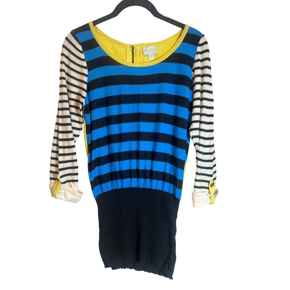 Tracy Reese New York Striped Colorblock Cotton Knit Sweater Blue Yellow Womens L